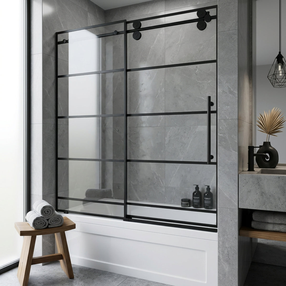 Elan 56-60 in. W x 66 in. H Frameless Sliding Tub Door in Matte Black with 3/8 in. (10mm) Clear Glass and Arden 3-Piece Bath Hardware Set