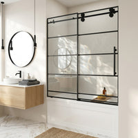 Elan 56-60 in. W x 66 in. H Frameless Sliding Tub Door in Matte Black with 3/8 in. (10mm) Clear Glass and Arden 3-Piece Bath Hardware Set