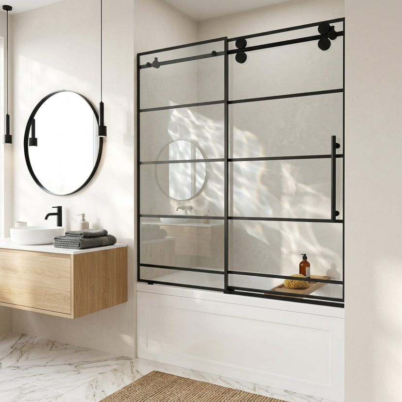 Elan 56-60 in. W x 66 in. H Frameless Sliding Tub Door in Matte Black with 3/8 in. (10mm) Clear Glass and Arden 3-Piece Bath Hardware Set
