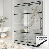 Elan 56-60 in. W x 74 in. H Frameless Grid Sliding Shower Door in Matte Black with 3/8 in. (10mm) Clear Glass and Elan 24 in. Linear Shower Drain