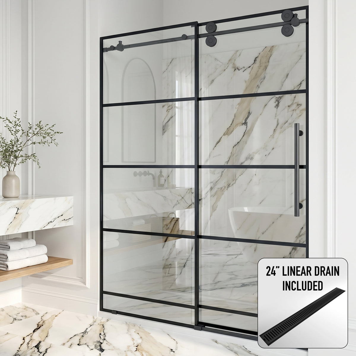 Elan 56-60 in. W x 74 in. H Frameless Grid Sliding Shower Door in Matte Black with 3/8 in. (10mm) Clear Glass and Elan 24 in. Linear Shower Drain