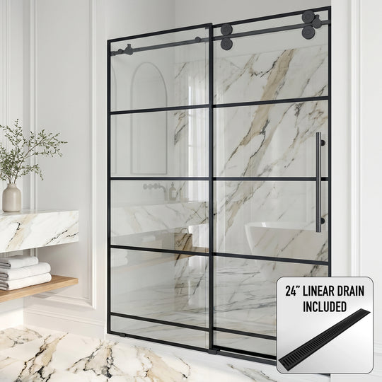 Elan 56-60 in. W x 74 in. H Frameless Grid Sliding Shower Door in Matte Black with 3/8 in. (10mm) Clear Glass and Elan 24 in. Linear Shower Drain