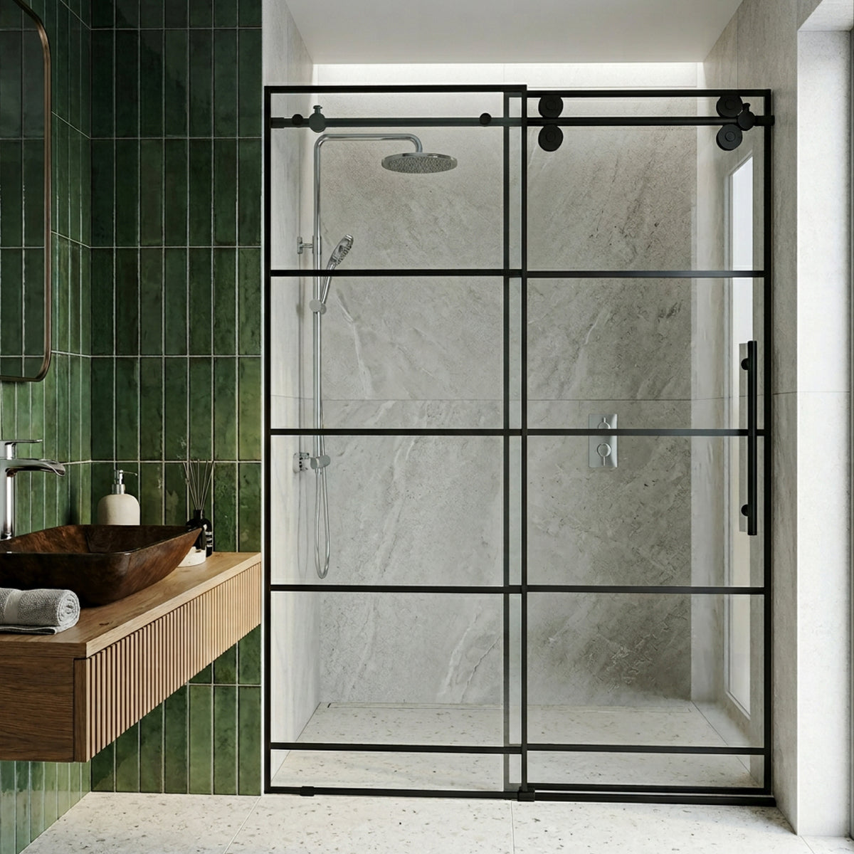 Elan 56-60 in. W x 74 in. H Frameless Grid Sliding Shower Door in Matte Black with 3/8 in. (10mm) Clear Glass and Elan 24 in. Linear Shower Drain