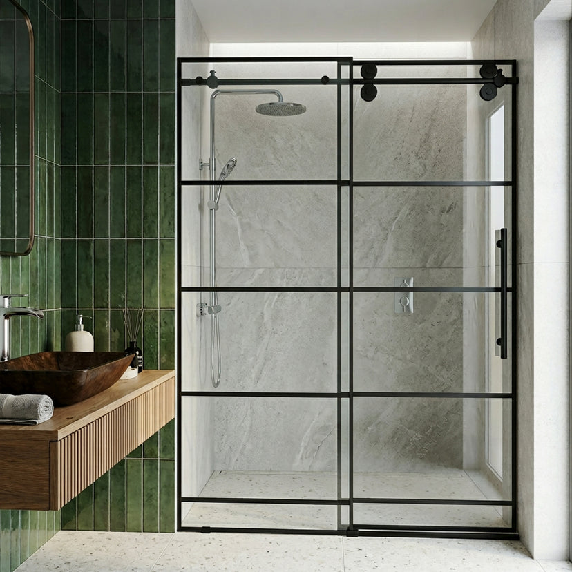 Elan 56-60 in. W x 74 in. H Frameless Grid Sliding Shower Door in Matte Black with 3/8 in. (10mm) Clear Glass and Elan 24 in. Linear Shower Drain