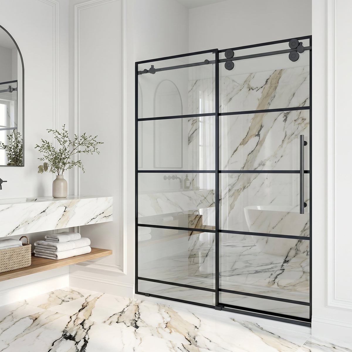 Elan 56-60 in. W x 74 in. H Frameless Grid Sliding Shower Door in Matte Black with 3/8 in. (10mm) Clear Glass and Elan 24 in. Linear Shower Drain