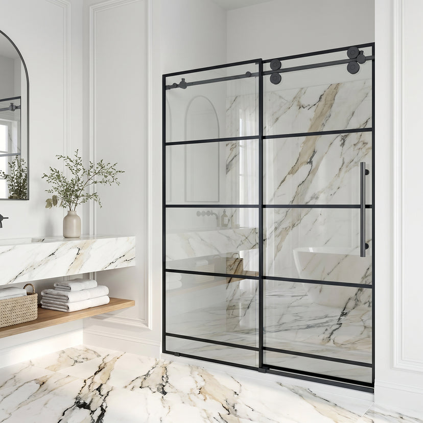 Elan 56-60 in. W x 74 in. H Frameless Grid Sliding Shower Door in Matte Black with 3/8 in. (10mm) Clear Glass and Elan 24 in. Linear Shower Drain