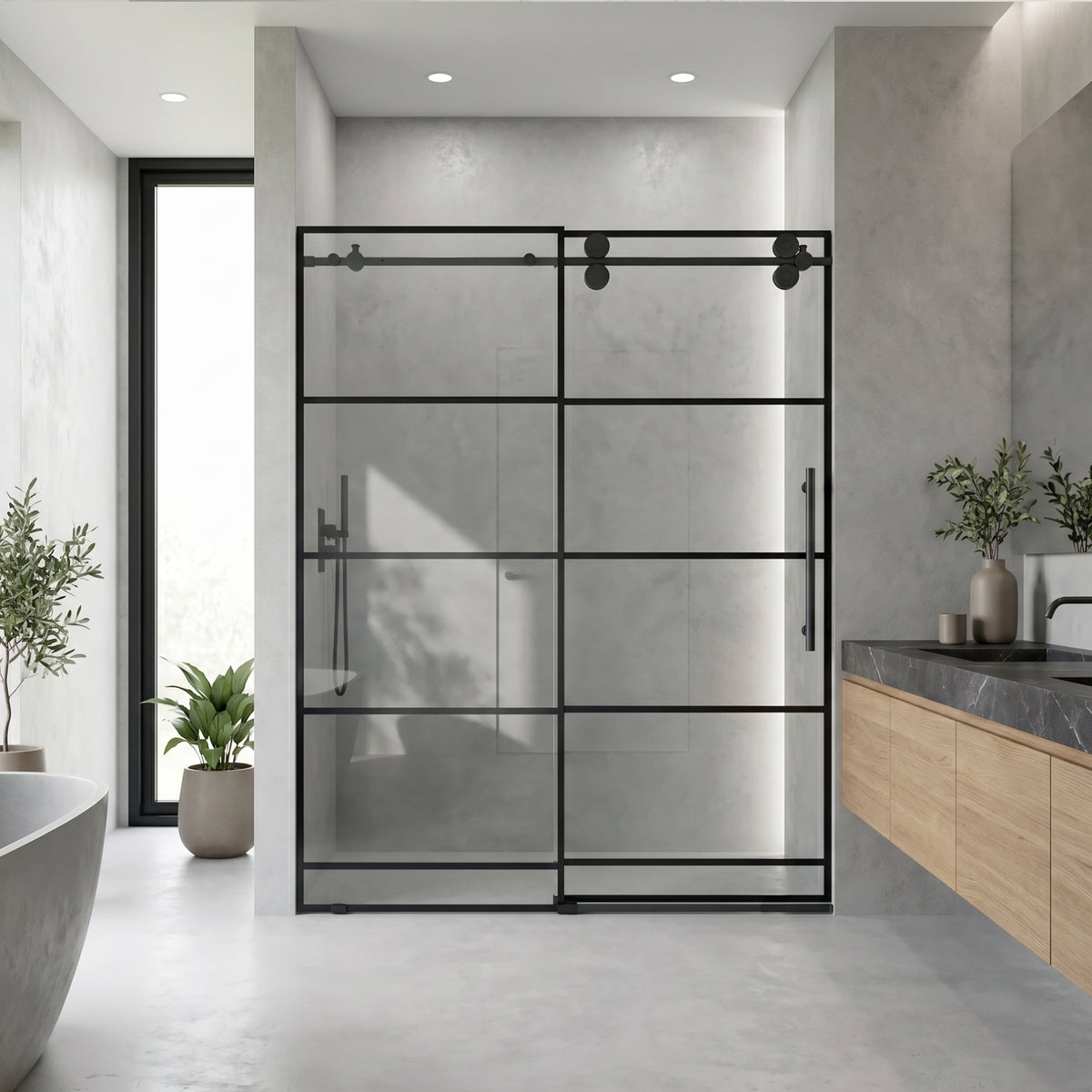 Elan 56-60 in. W x 74 in. H Frameless Grid Sliding Shower Door in Matte Black with 3/8 in. (10mm) Clear Glass and Elan 24 in. Linear Shower Drain