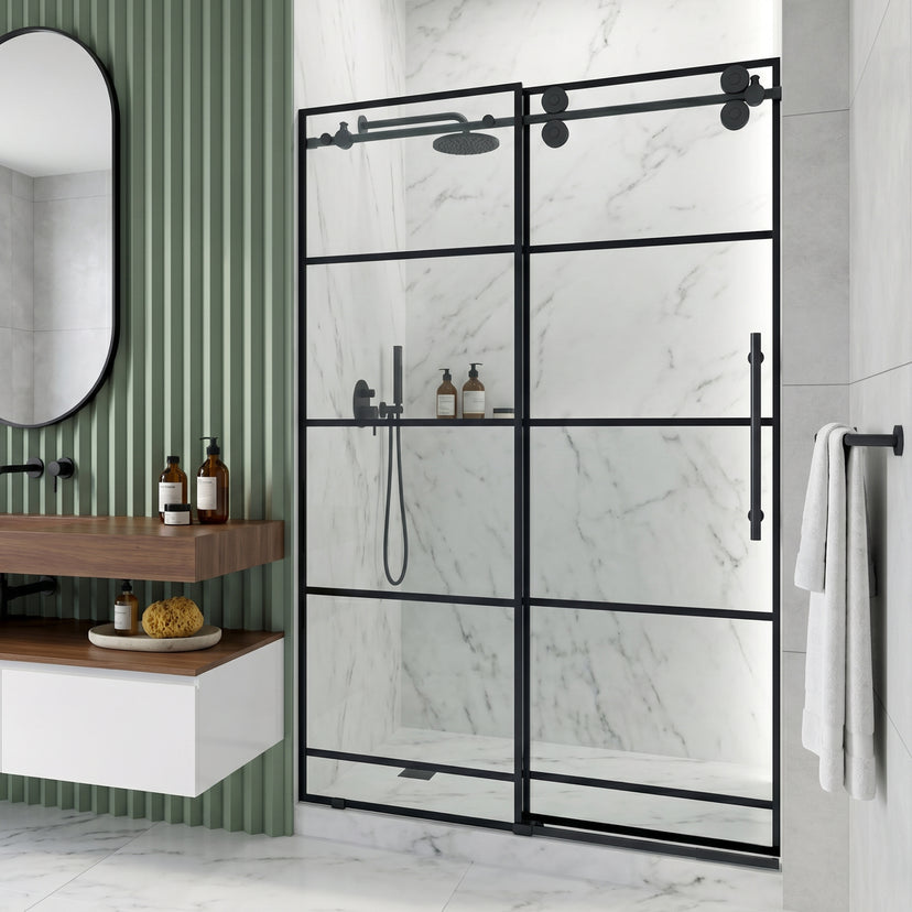 Elan 56-60 in. W x 74 in. H Frameless Grid Sliding Shower Door in Matte Black with 3/8 in. (10mm) Clear Glass and Elan 24 in. Linear Shower Drain