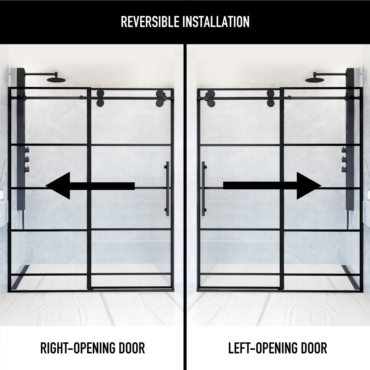 Elan 56-60 in. W x 74 in. H Frameless Grid Sliding Shower Door in Matte Black with 3/8 in. (10mm) Clear Glass and Elan 24 in. Linear Shower Drain