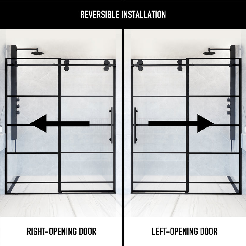 Elan 56-60 in. W x 74 in. H Frameless Grid Sliding Shower Door in Matte Black with 3/8 in. (10mm) Clear Glass and Elan 24 in. Linear Shower Drain