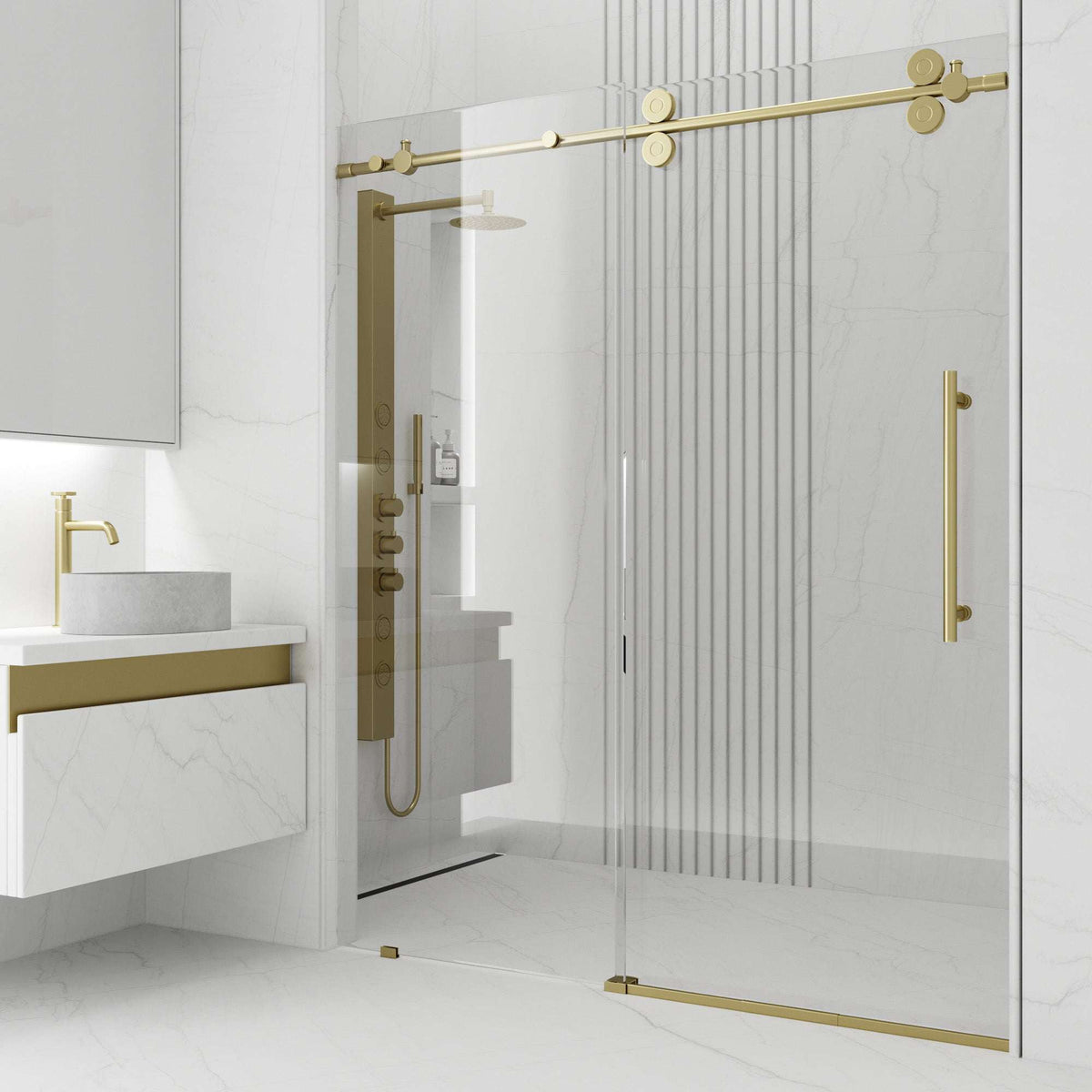 Matte gold frameless sliding shower door with clear tempered glass, 48 to 52 in. width