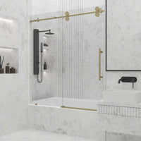 Matte gold finish door with clear glass and included mounting hardware