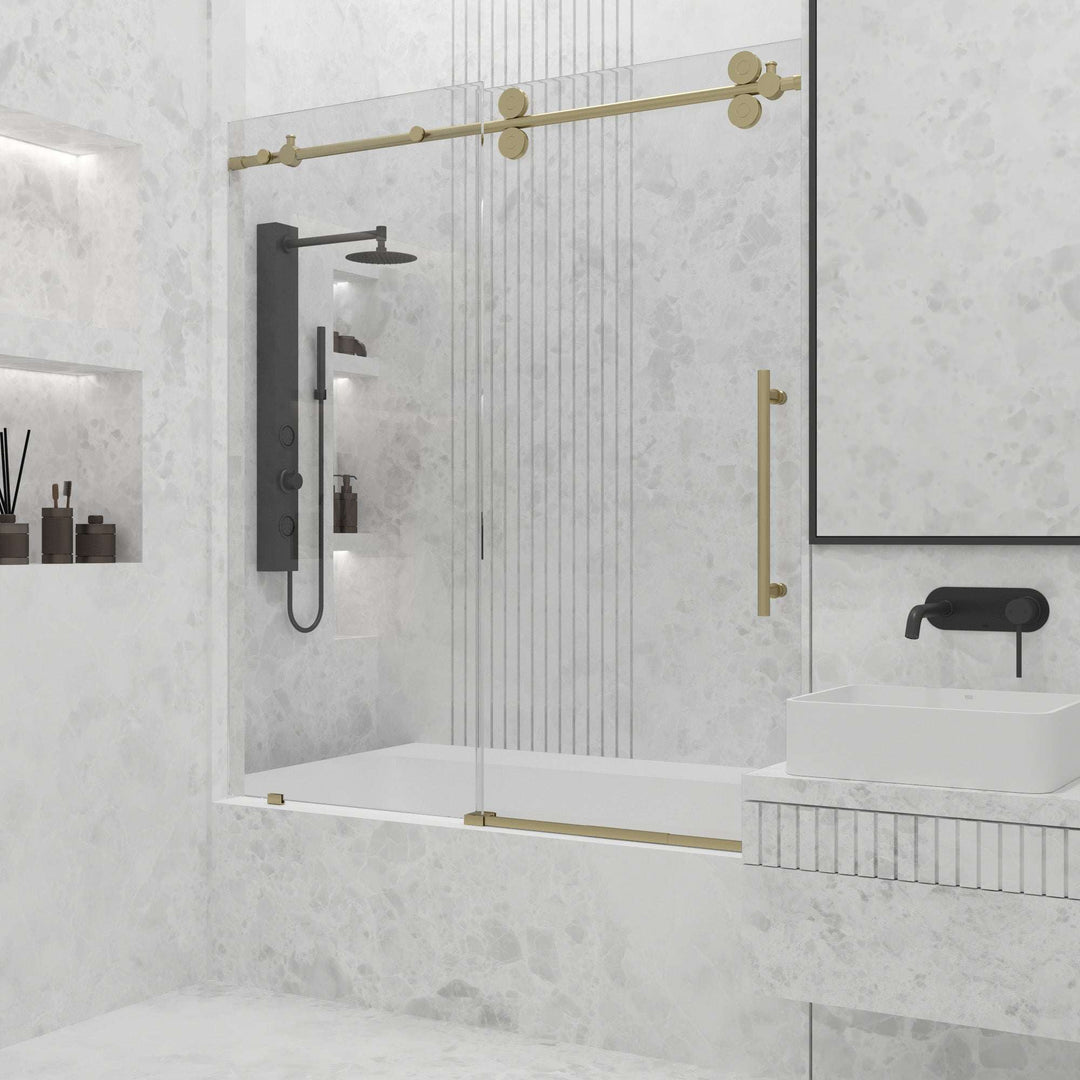 Matte gold finish door with clear glass and included mounting hardware
