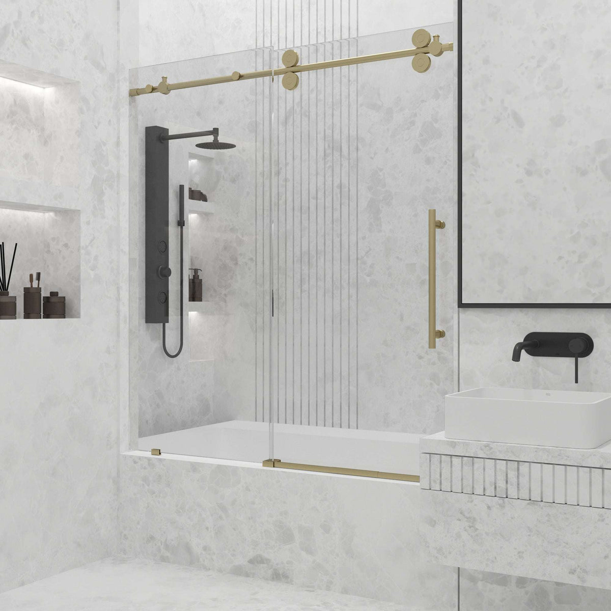Matte gold finish door with clear glass and included mounting hardware