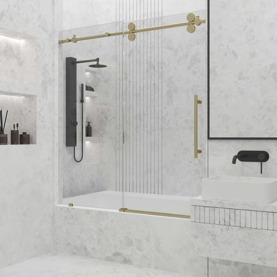 Matte gold finish door with clear glass and included mounting hardware
