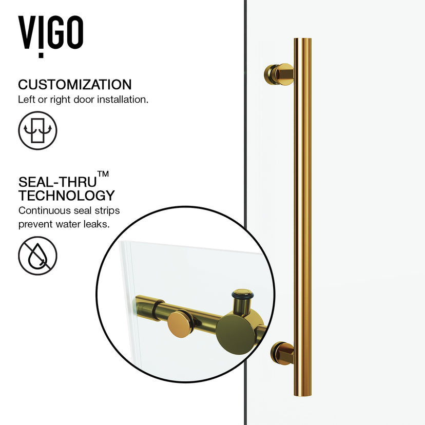 Elan 56-60 in. W x 66 in. H Frameless Sliding Tub Door in Matte Brushed Gold with 3/8 in. (10mm) Clear Glass and Satro 3-Piece Bath Hardware Set