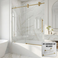 Elan 56-60 in. W x 66 in. H Frameless Sliding Tub Door in Matte Brushed Gold with 3/8 in. (10mm) Clear Glass and Cass 3-Piece Bath Hardware Set