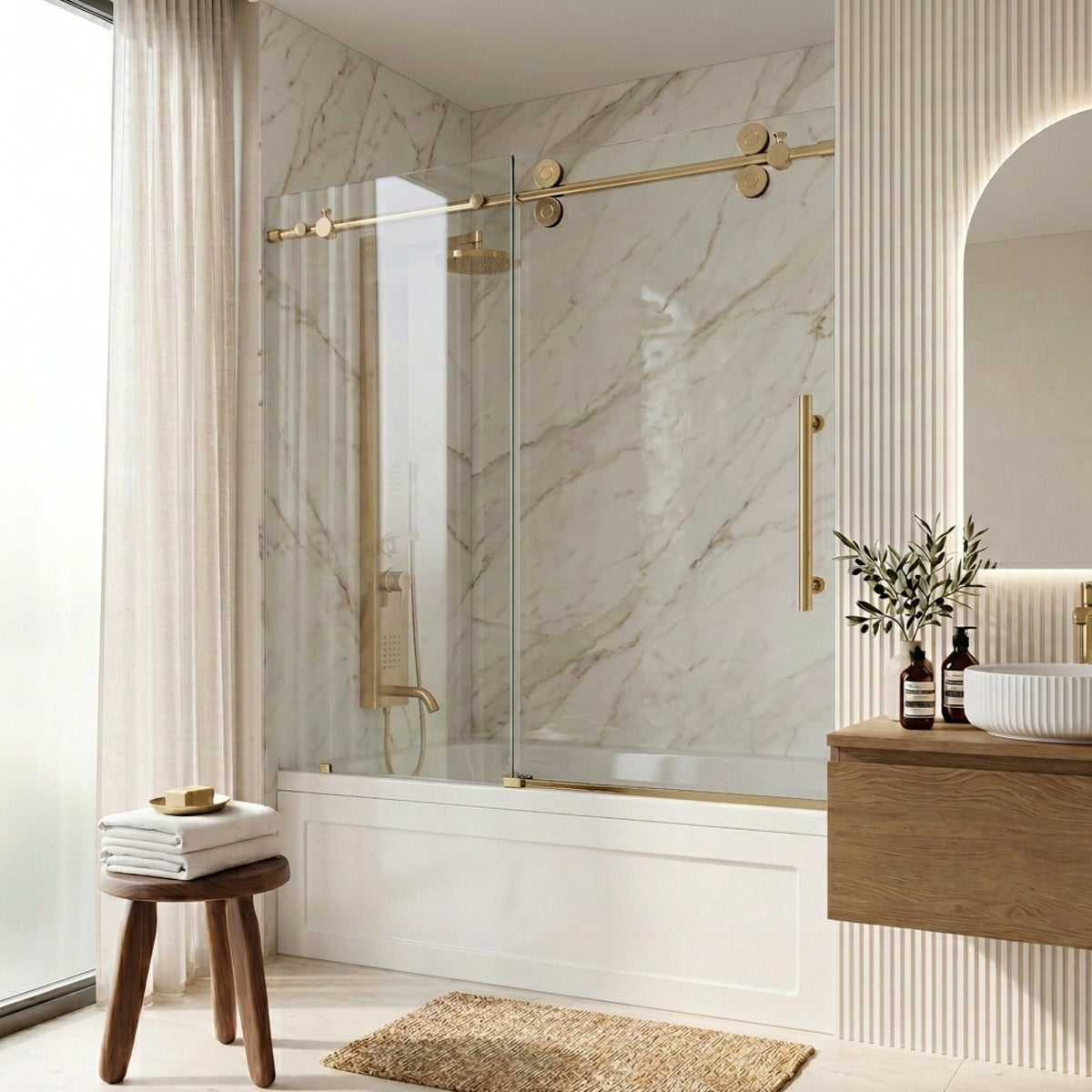 Elan 56-60 in. W x 66 in. H Frameless Sliding Tub Door in Matte Brushed Gold with 3/8 in. (10mm) Clear Glass and Cass 3-Piece Bath Hardware Set