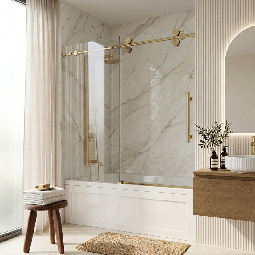 Elan 56-60 in. W x 66 in. H Frameless Sliding Tub Door in Matte Brushed Gold with 3/8 in. (10mm) Clear Glass and Cass 3-Piece Bath Hardware Set