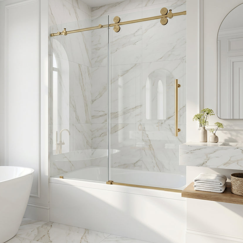 Elan 56-60 in. W x 66 in. H Frameless Sliding Tub Door in Matte Brushed Gold with 3/8 in. (10mm) Clear Glass and Cass 3-Piece Bath Hardware Set