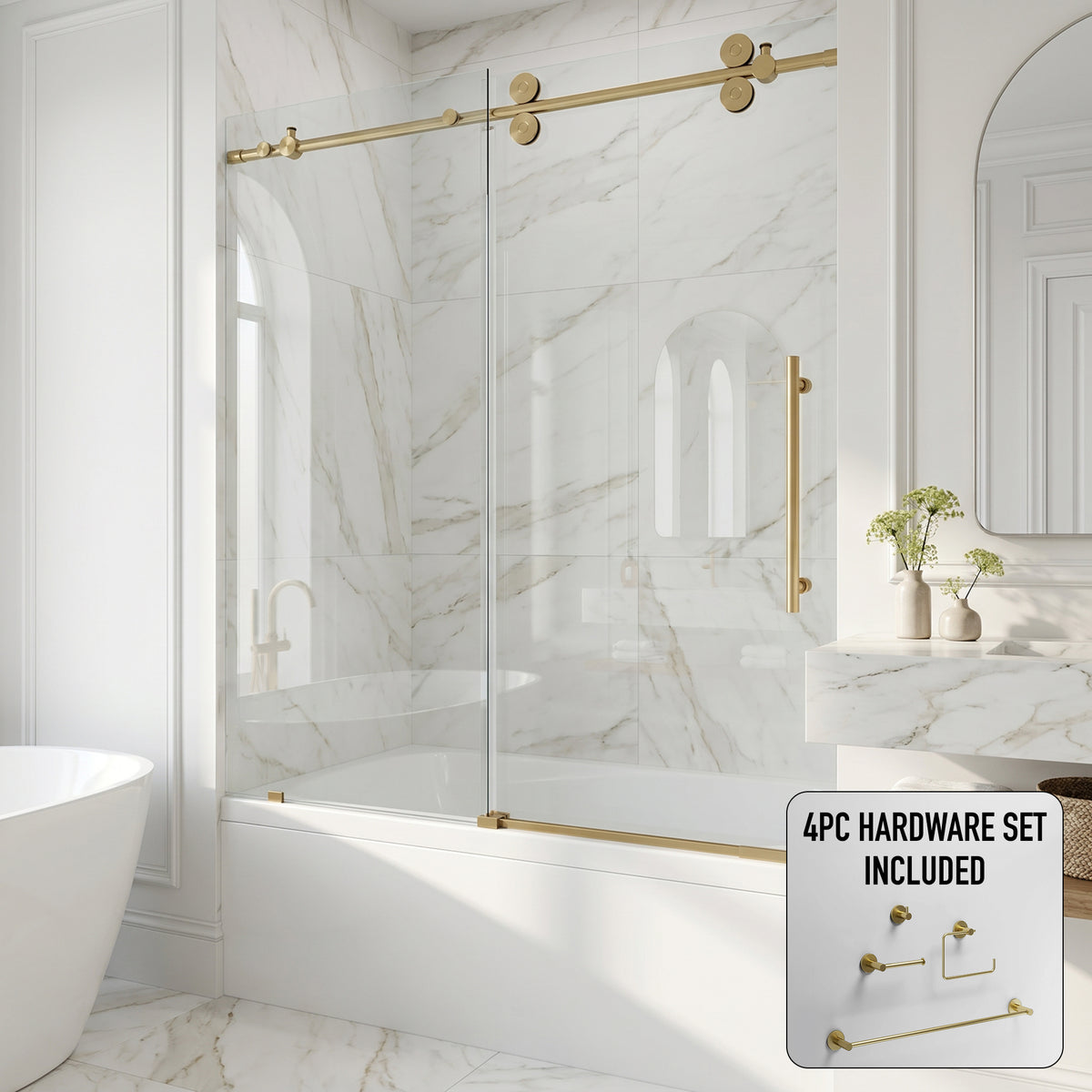 Elan 56-60 in. W x 66 in. H Frameless Sliding Tub Door in Matte Brushed Gold with 3/8 in. (10mm) Clear Glass and Cass 4-Piece Bath Hardware Set