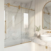 Elan 56-60 in. W x 66 in. H Frameless Sliding Tub Door in Matte Brushed Gold with 3/8 in. (10mm) Clear Glass and Cass 4-Piece Bath Hardware Set