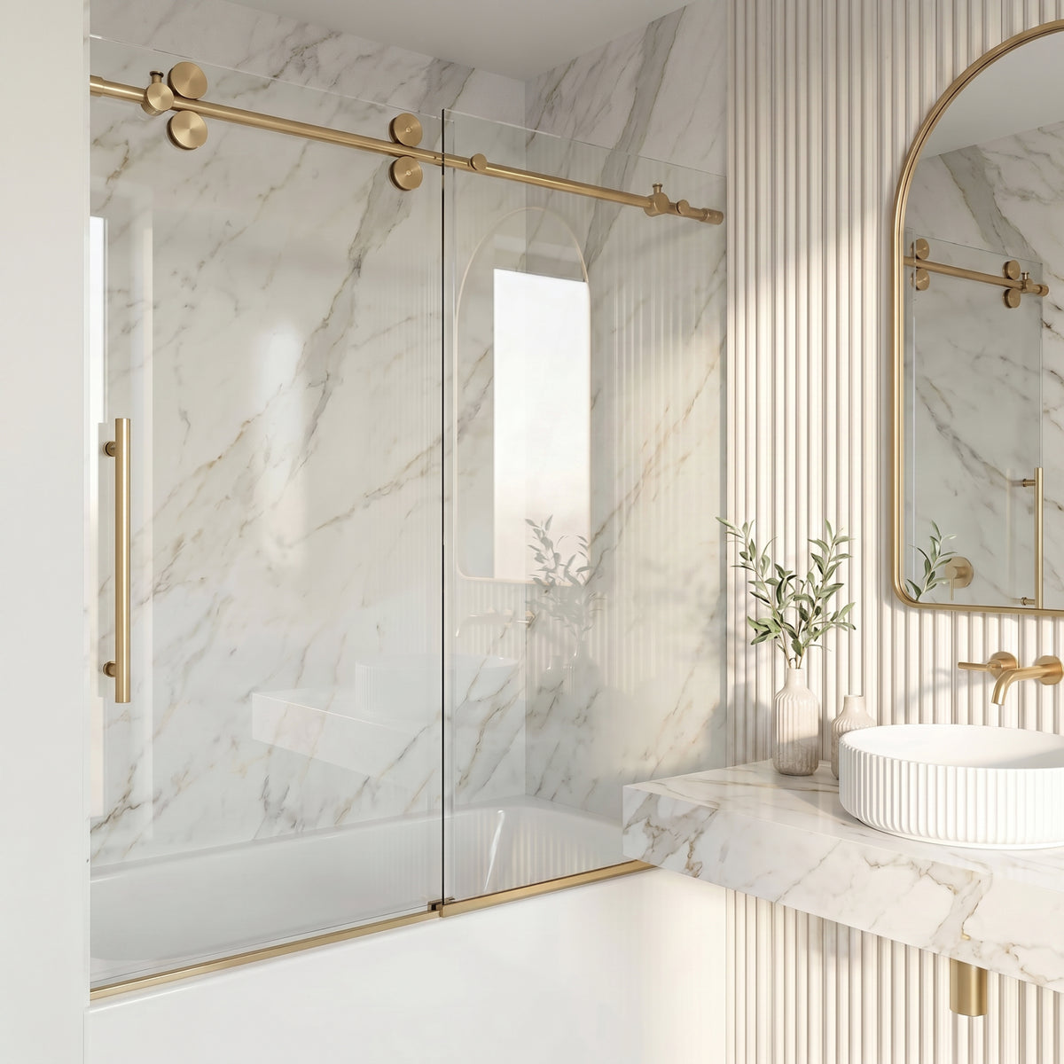 Elan 56-60 in. W x 66 in. H Frameless Sliding Tub Door in Matte Brushed Gold with 3/8 in. (10mm) Clear Glass and Arden 3-Piece Bath Hardware Set