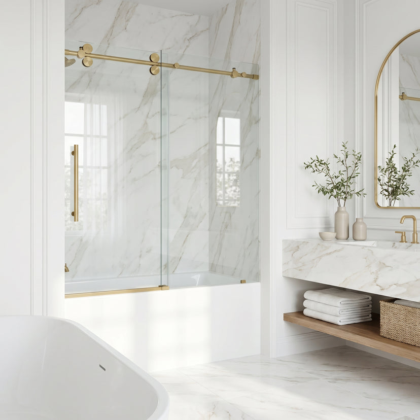 Elan 56-60 in. W x 66 in. H Frameless Sliding Tub Door in Matte Brushed Gold with 3/8 in. (10mm) Clear Glass and Arden 3-Piece Bath Hardware Set