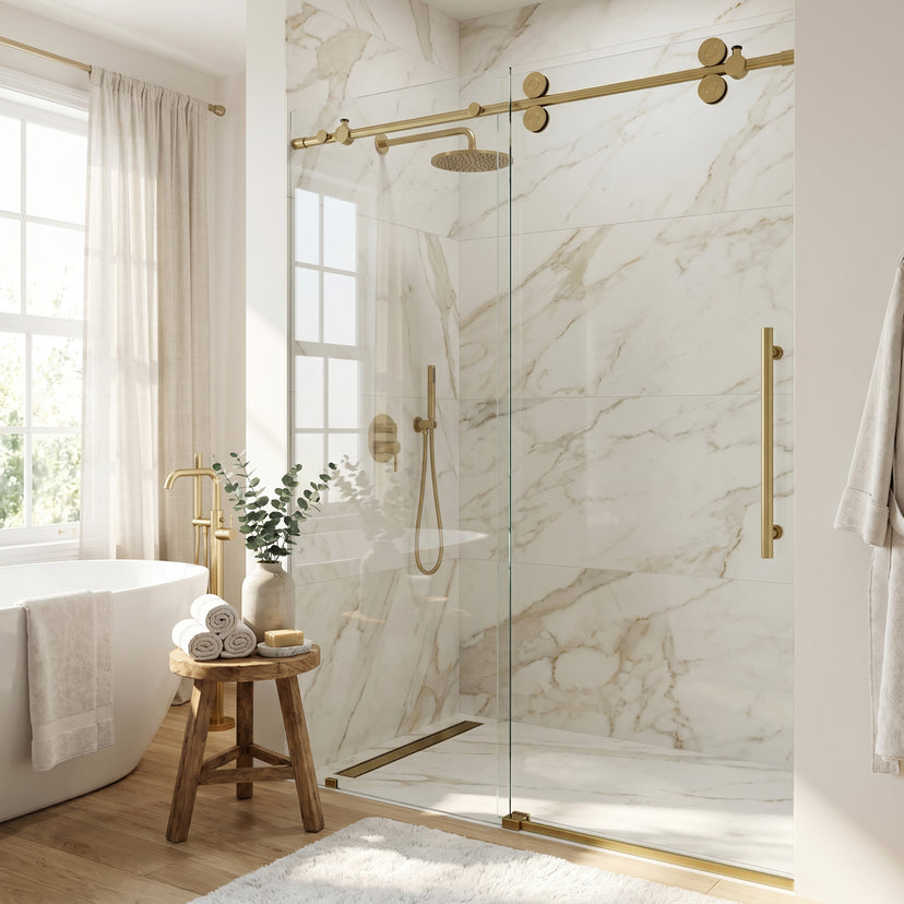 Elan 56 to 60 in. W X 74 in. H Frameless Sliding Shower Door 3/8" Clear Glass in Matte Brushed Gold with Elan 4 in. Square Shower Drain in Matte Brushed Gold