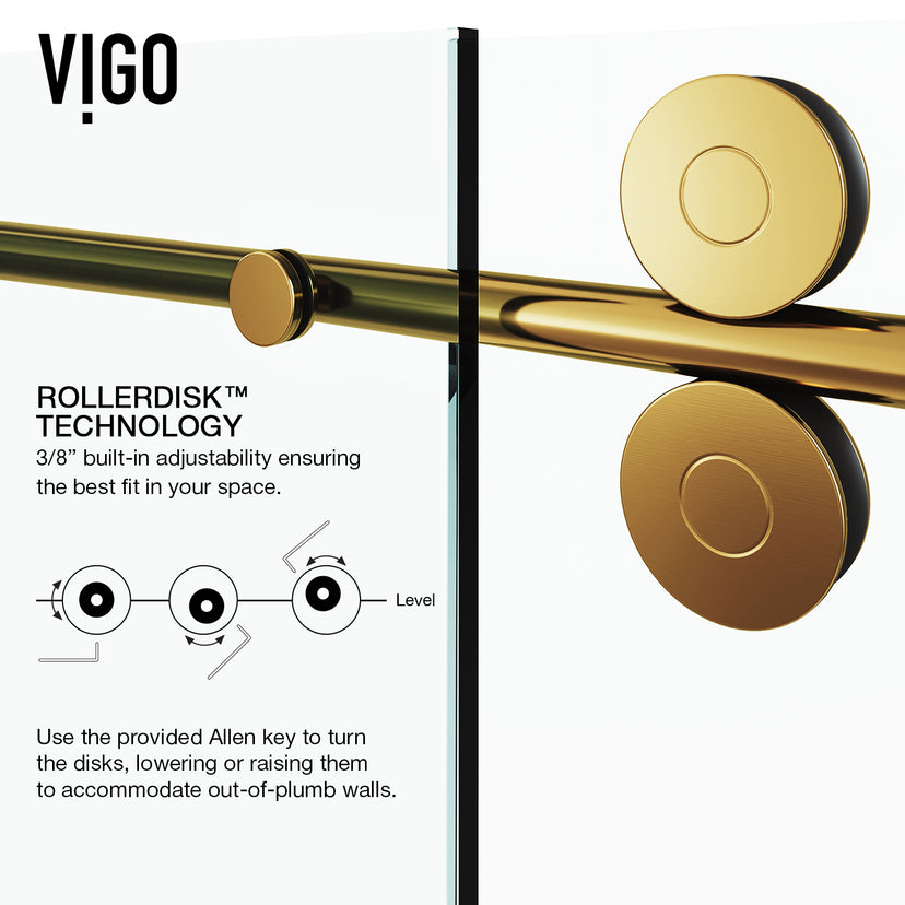 Elan 56 to 60 in. W X 74 in. H Frameless Sliding Shower Door 3/8" Clear Glass in Matte Brushed Gold with Elan 4 in. Square Shower Drain in Matte Brushed Gold