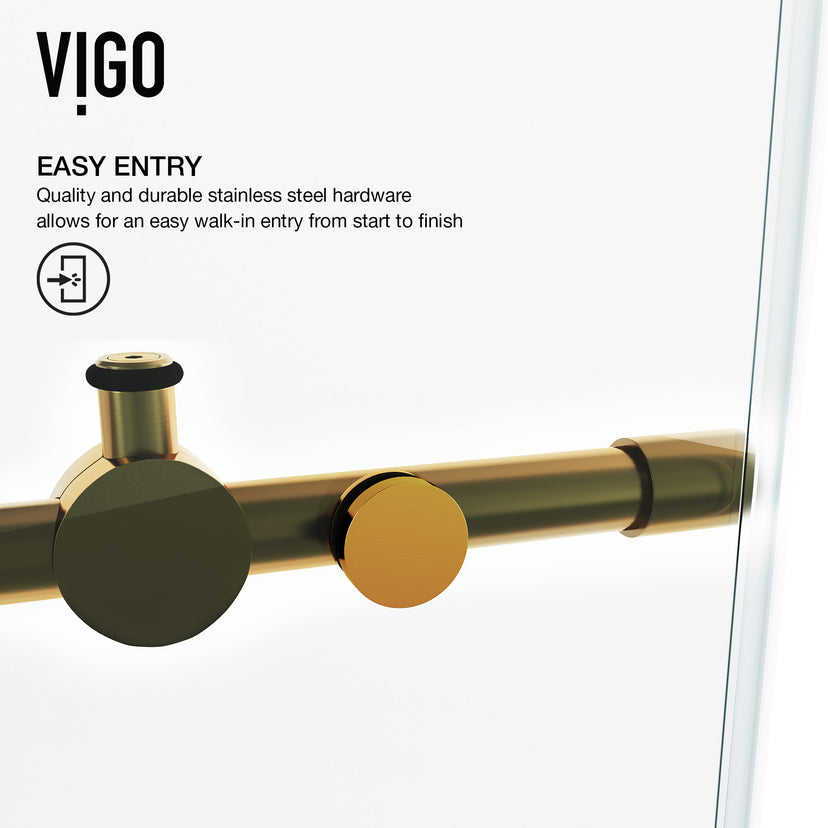 Elan 56 to 60 in. W X 74 in. H Frameless Sliding Shower Door 3/8" Clear Glass in Matte Brushed Gold with Elan 4 in. Square Shower Drain in Matte Brushed Gold