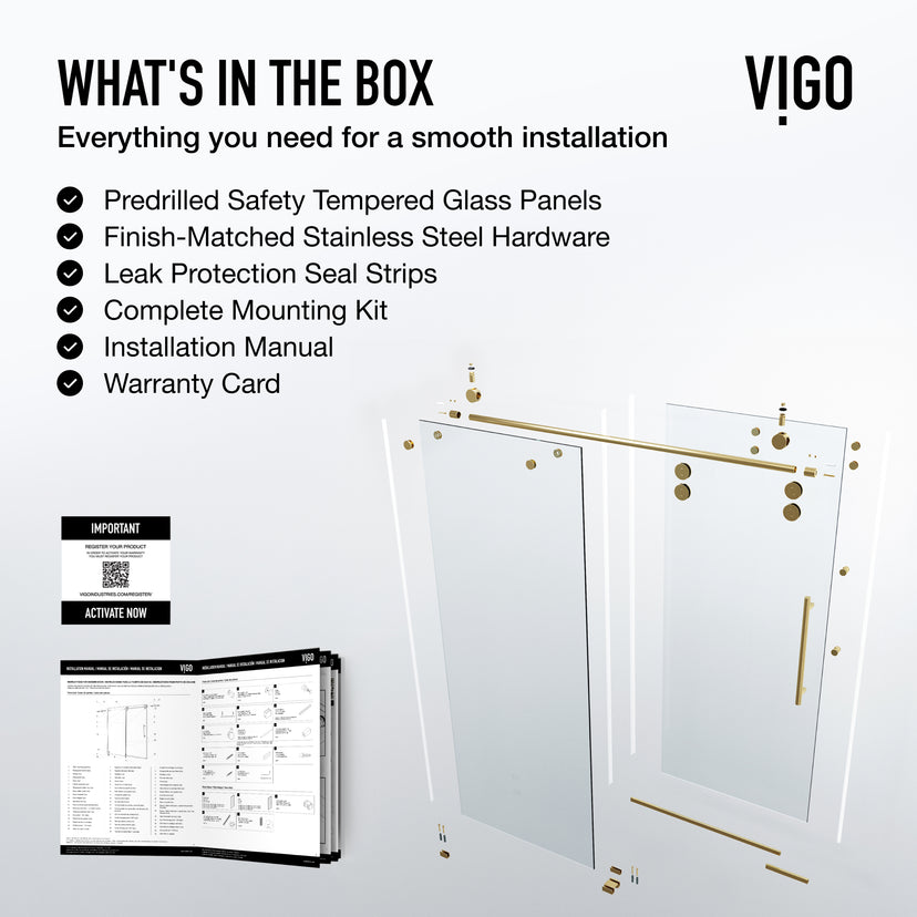 Elan 56 to 60 in. W X 74 in. H Frameless Sliding Shower Door 3/8" Clear Glass in Matte Brushed Gold with Elan 4 in. Square Shower Drain in Matte Brushed Gold