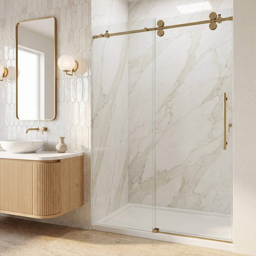 Elan 56 to 60 in. W X 74 in. H Frameless Sliding Shower Door 3/8" Clear Glass in Matte Brushed Gold with Elan 4 in. Square Shower Drain in Matte Brushed Gold
