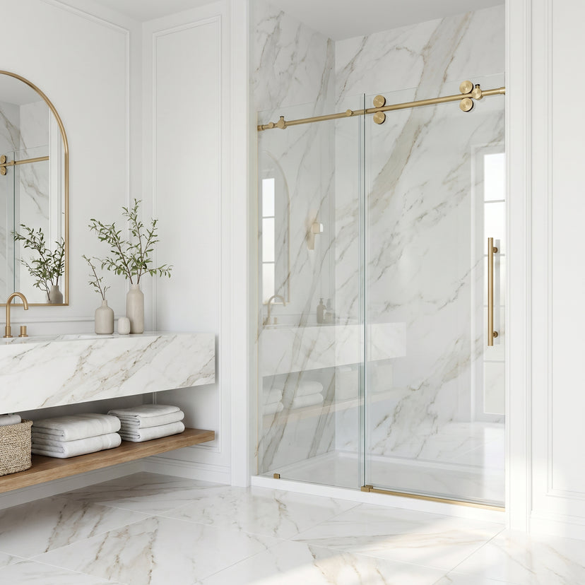 Elan 56 to 60 in. W X 74 in. H Frameless Sliding Shower Door 3/8" Clear Glass in Matte Brushed Gold with Elan 4 in. Square Shower Drain in Matte Brushed Gold
