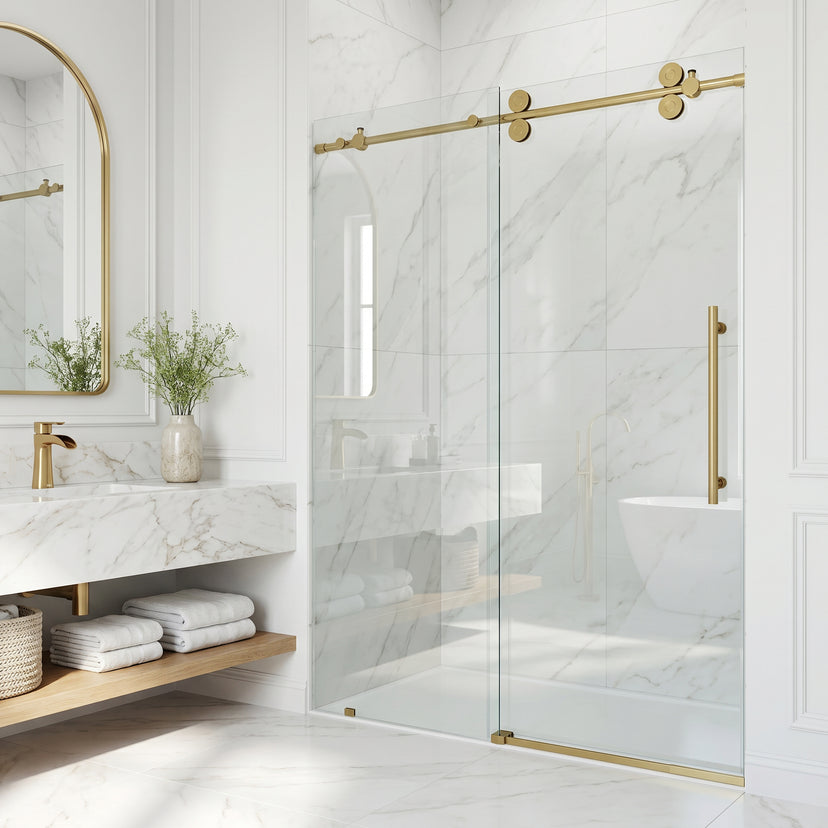 Elan 56 to 60 in. W X 74 in. H Frameless Sliding Shower Door 3/8" Clear Glass in Matte Brushed Gold with Elan 4 in. Square Shower Drain in Matte Brushed Gold