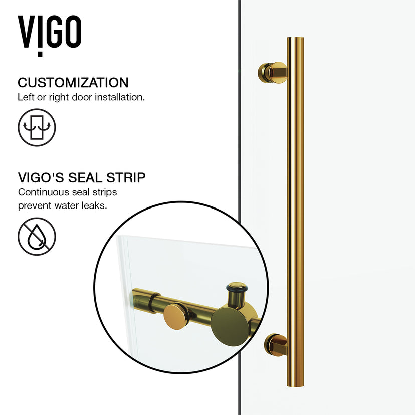 Elan 56 to 60 in. W X 74 in. H Frameless Sliding Shower Door 3/8" Clear Glass in Matte Brushed Gold with Elan 4 in. Square Shower Drain in Matte Brushed Gold