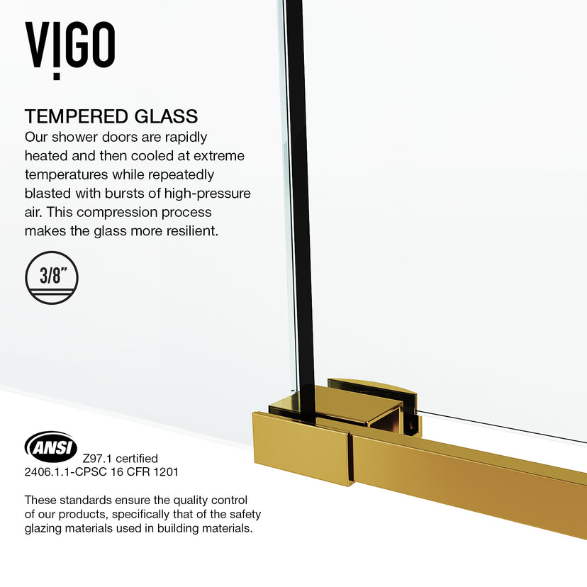 Elan 56 to 60 in. W X 74 in. H Frameless Sliding Shower Door 3/8" Clear Glass in Matte Brushed Gold with Elan 4 in. Square Shower Drain in Matte Brushed Gold