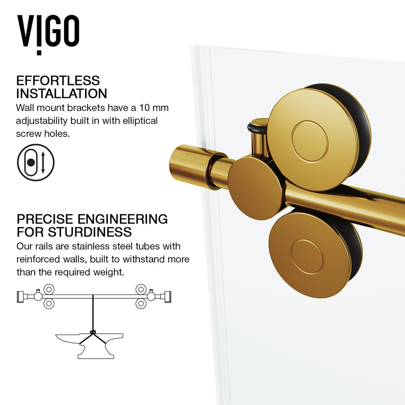 Elan 56 to 60 in. W X 74 in. H Frameless Sliding Shower Door 3/8" Clear Glass in Matte Brushed Gold with Elan 4 in. Square Shower Drain in Matte Brushed Gold