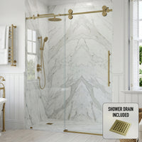 Elan 56 to 60 in. W X 74 in. H Frameless Sliding Shower Door 3/8" Clear Glass in Matte Brushed Gold with Elan 4 in. Square Shower Drain in Matte Brushed Gold