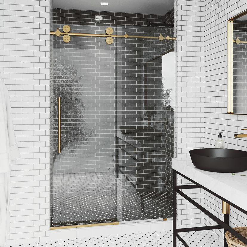 Elan 60 to 64 in. W x 74 in. H Frameless Sliding Shower Door and Satro 3-Piece Bath Hardware Set in Matte Brushed Gold