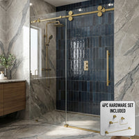 Elan 60 to 64 in. W x 74 in. H Frameless Sliding Shower Door and Meridian 4-Piece Bath Hardware Set in Matte Brushed Gold