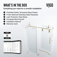Elan 64 to 68 in. W x 74 in. H Frameless Sliding Shower Door and Meridian 4-Piece Bath Hardware Set in Matte Brushed Gold