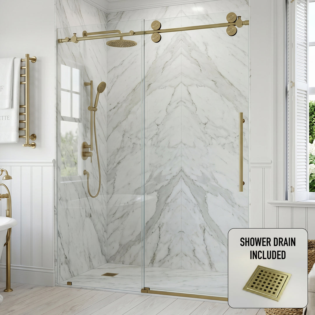 Elan 68 to 72 in. W X 74 in. H Frameless Sliding Shower Door 3/8" Clear Glass in Matte Brushed Gold with Elan 4 in. Square Shower Drain in Matte Brushed Gold