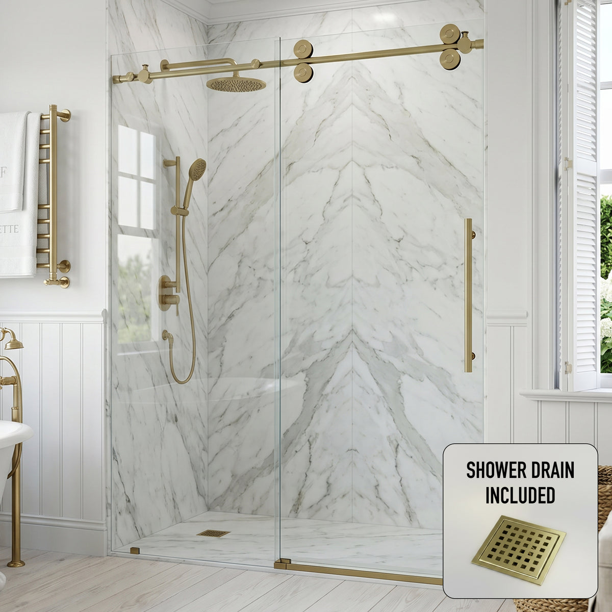 Elan 68 to 72 in. W X 74 in. H Frameless Sliding Shower Door 3/8" Clear Glass in Matte Brushed Gold with Elan 4 in. Square Shower Drain in Matte Brushed Gold