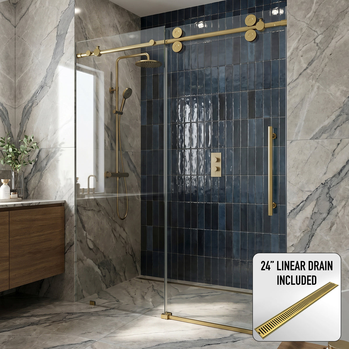 Elan 68 to 72 in. W x 74 in. H Frameless Sliding Shower Door and Elan 24 in. Linear Shower Drain in Matte Brushed Gold