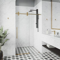 Elan 68 to 72 in. W x 74 in. H Frameless Sliding Shower Door and Elan 24 in. Linear Shower Drain in Matte Brushed Gold