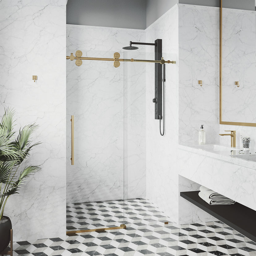 Elan 68 to 72 in. W x 74 in. H Frameless Sliding Shower Door and Satro 3-Piece Bath Hardware Set in Matte Brushed Gold