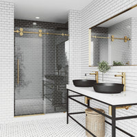 Elan 68 to 72 in. W x 74 in. H Frameless Sliding Shower Door and Satro 3-Piece Bath Hardware Set in Matte Brushed Gold