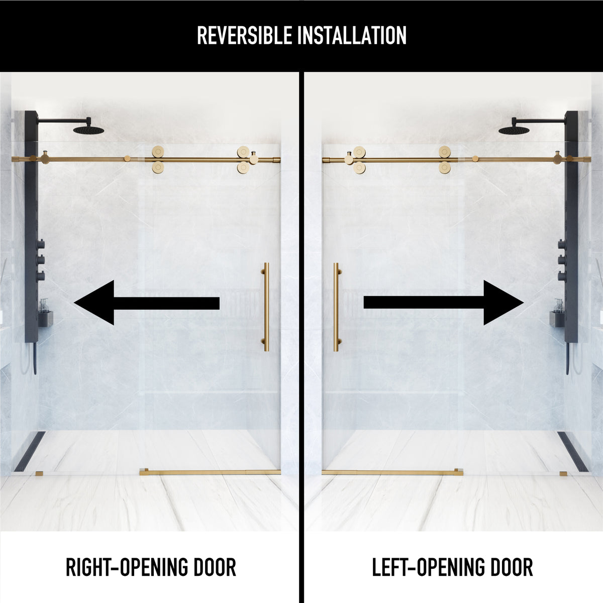 Elan 68 to 72 in. W x 74 in. H Frameless Sliding Shower Door and Meridian 4-Piece Bath Hardware Set in Matte Brushed Gold