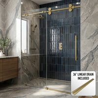 Elan 68-72 in. W x 74 in. H Frameless Sliding Shower Door in Matte Brushed Gold with 3/8 in. (10mm) Clear Glass and Elan 36 in. Linear Shower Drain